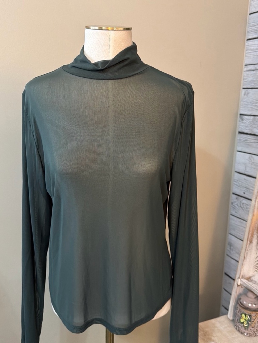Sheer Long-Sleeve Mock Neck Top - Slate Green